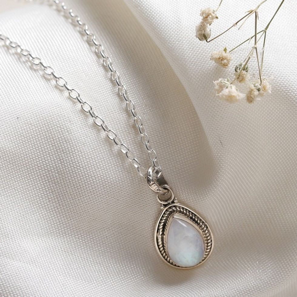 Rainbow Moonstone and Sterling Silver Pendant Necklace 'Halo Effect in White'