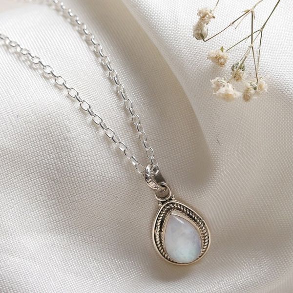 Alternate image for Rainbow Moonstone and Sterling Silver Pendant Necklace Halo Effect in White