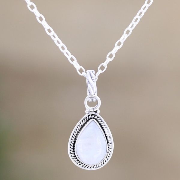 Alternate image for Rainbow Moonstone and Sterling Silver Pendant Necklace Halo Effect in White