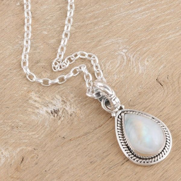 Alternate image for Rainbow Moonstone and Sterling Silver Pendant Necklace Halo Effect in White