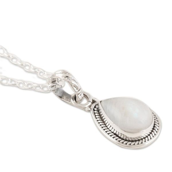 Alternate image for Rainbow Moonstone and Sterling Silver Pendant Necklace Halo Effect in White