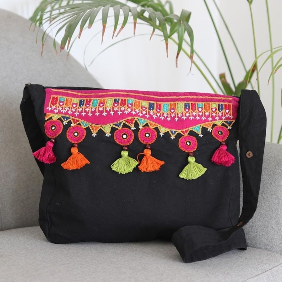 Handmade Embroidered Cotton Sling Bag 'Gujarat Beauty'