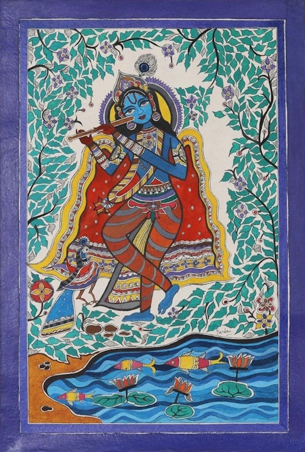 Indian Madhubani Painting on Handmade Paper 'Murlimanohar'
