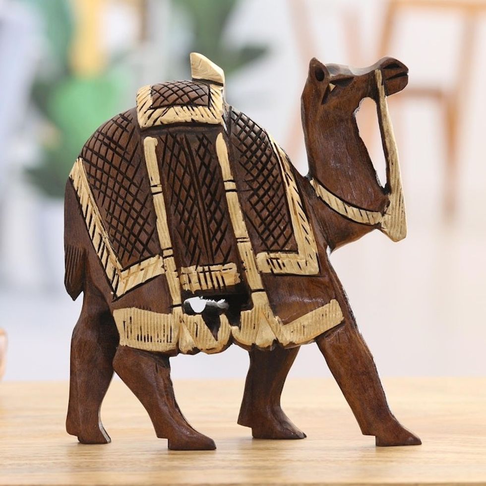 Camel Wood Figurine Hand-carved and Hand-painted in India 'Camel Walk'