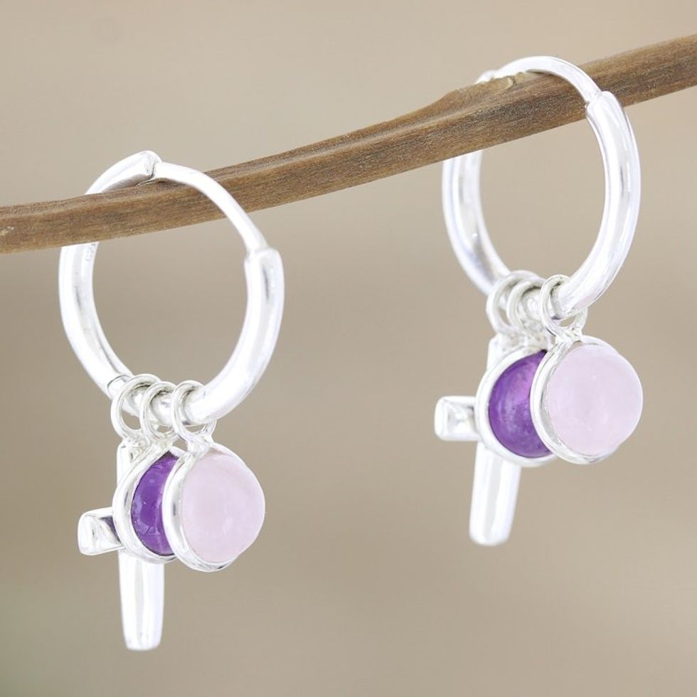 Amethyst and Rose Quartz Earrings with Cross Motif 'Soft and Sweet'