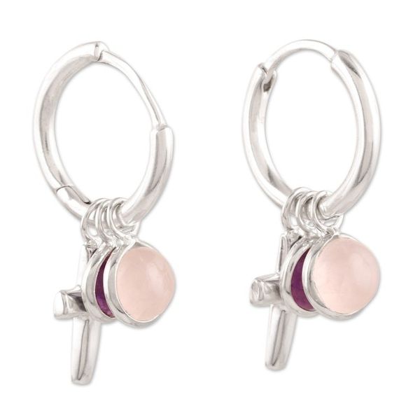 Alternate image for Amethyst and Rose Quartz Earrings with Cross Motif Soft and Sweet
