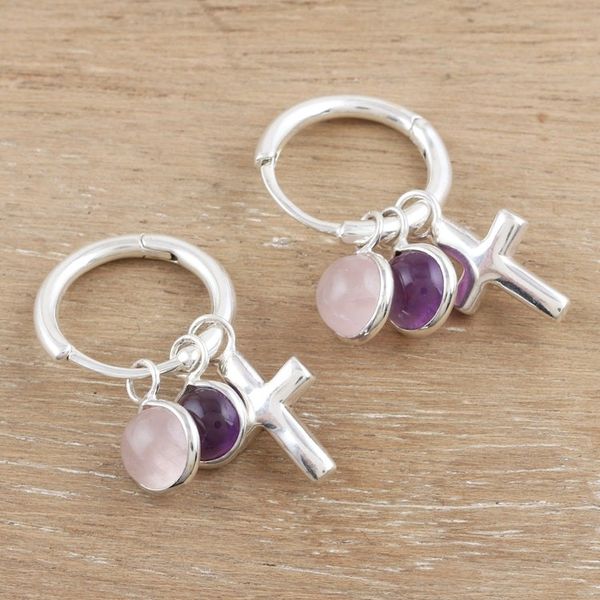 Alternate image for Amethyst and Rose Quartz Earrings with Cross Motif Soft and Sweet