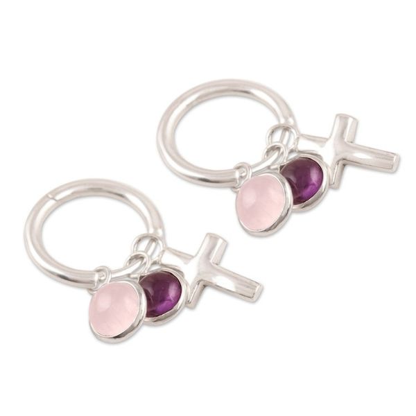 Alternate image for Amethyst and Rose Quartz Earrings with Cross Motif Soft and Sweet