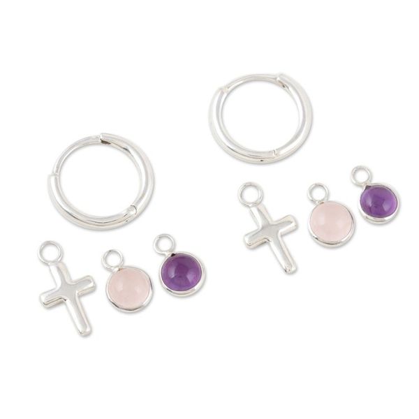 Alternate image for Amethyst and Rose Quartz Earrings with Cross Motif Soft and Sweet