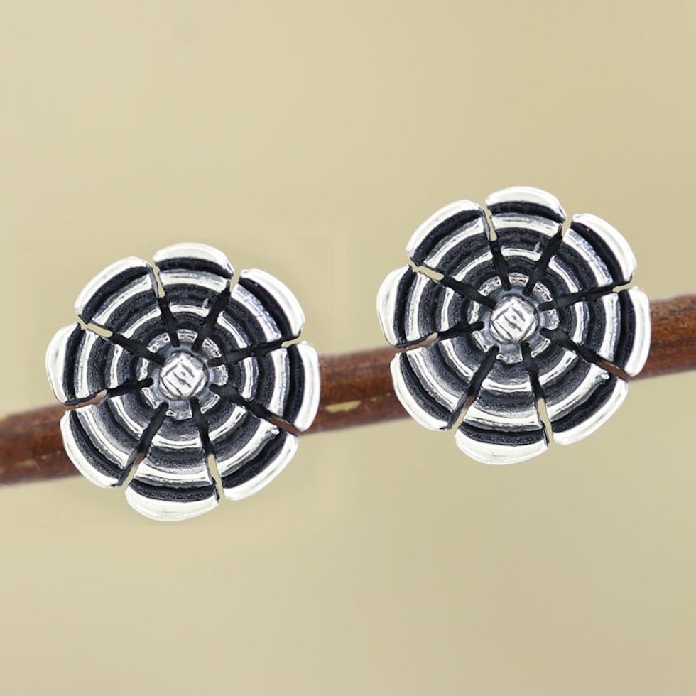 Sterling Silver Floral Button Earrings 'Antique Beauty'