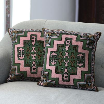 Main image for Embroidered Geometric Motif Cotton Cushion Covers Pair Spring Geometry