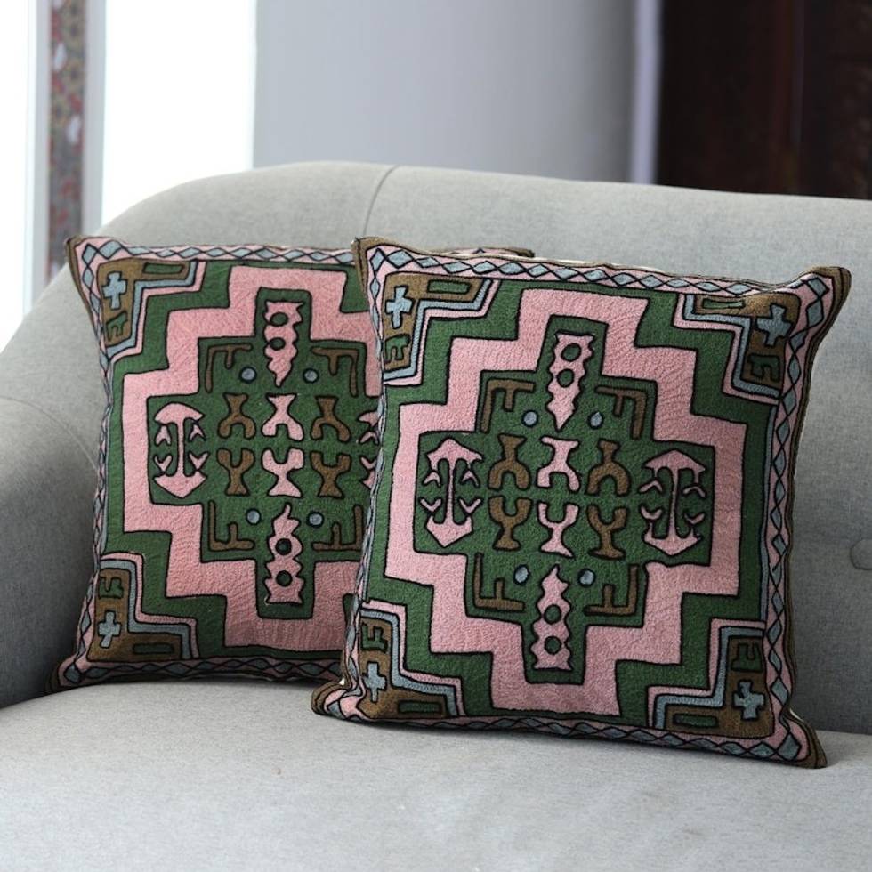 Embroidered Geometric Motif Cotton Cushion Covers Pair 'Spring Geometry'