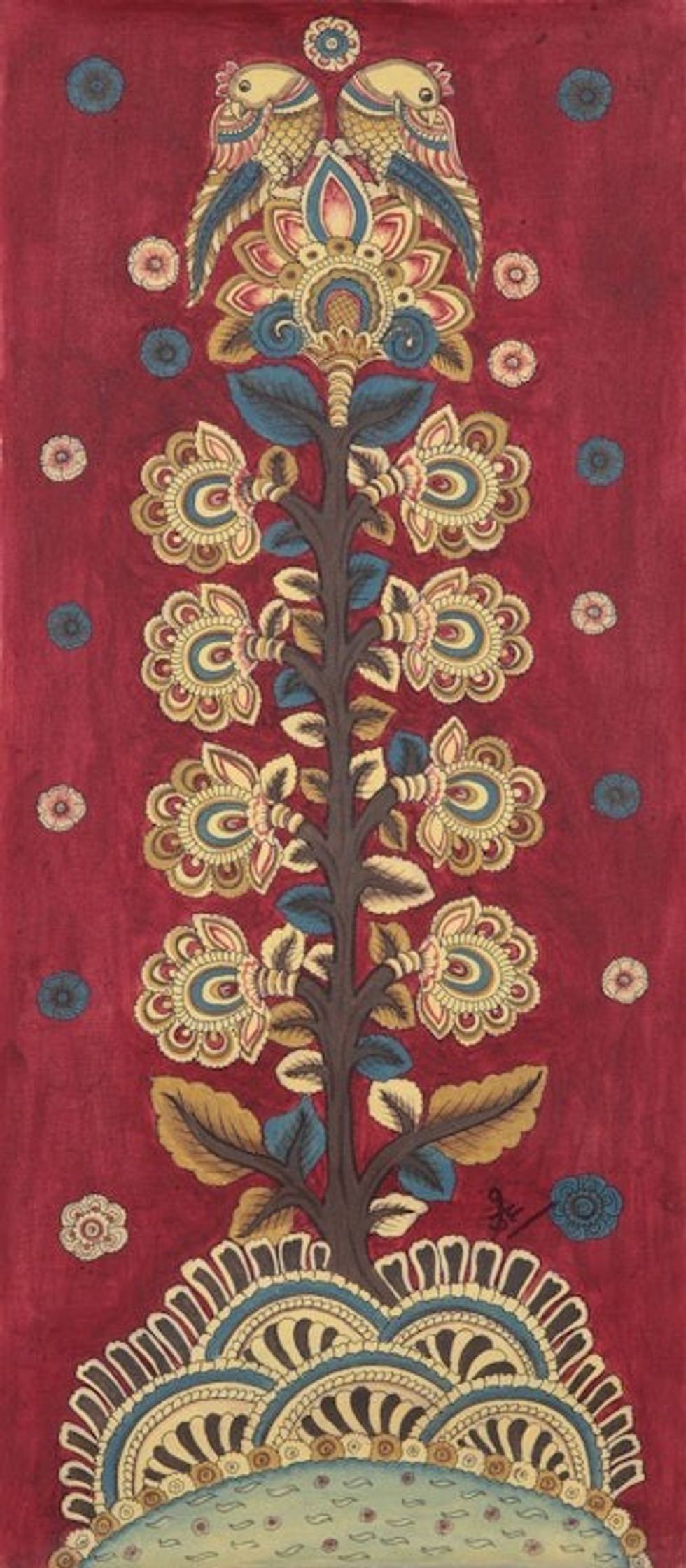 Original Signed Kalamkari Acrylic Painting 'The Delicate Bond Maroon'