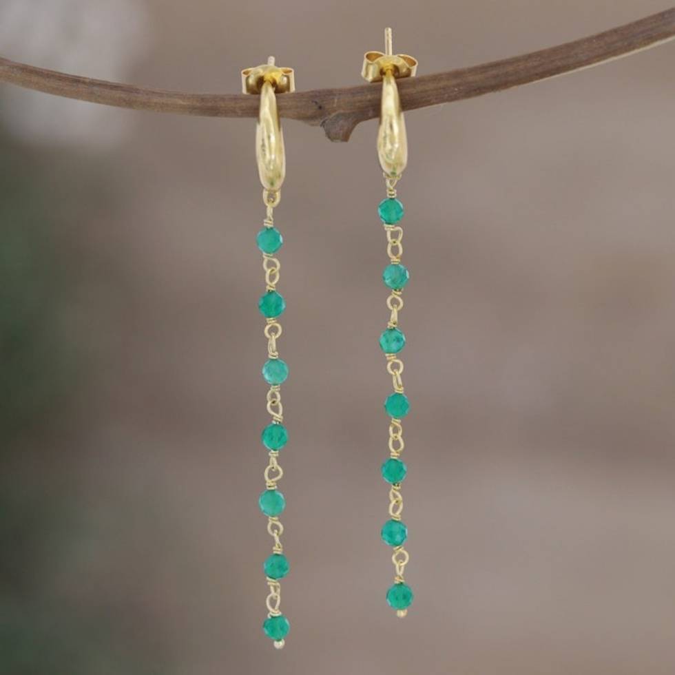 Handmade Gold-Plated Green Onyx Dangle Earrings 'Golden Torrent in Green'