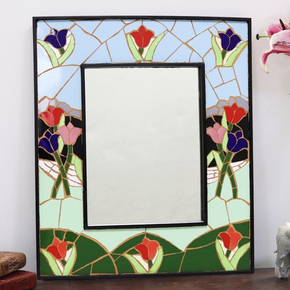 Ceramic Mosaic Wall Mirror with Floral Motif 'Spring Mosaic'