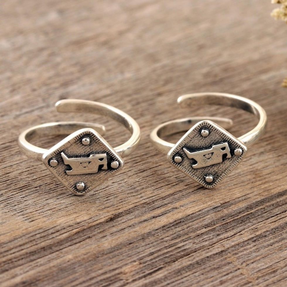 Sterling Silver Bird-Motif Toes Rings from India Pair 'Bird Bath'
