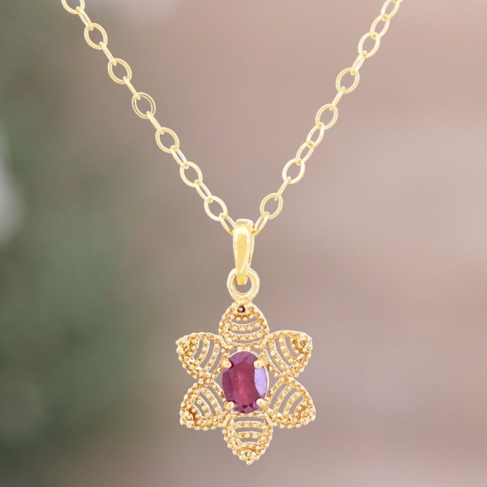 Gold Plated Flower Necklace with a Red Ruby 'Flower of Delhi'