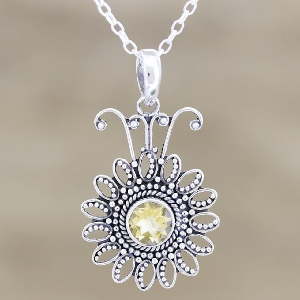 Sterling Silver and Citrine Pendant Necklace 'Floral Games'