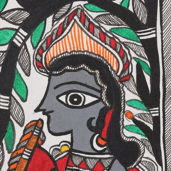 Alternate image for Signed Colorful Madhubani Painting of Krishna Majestic Krishna