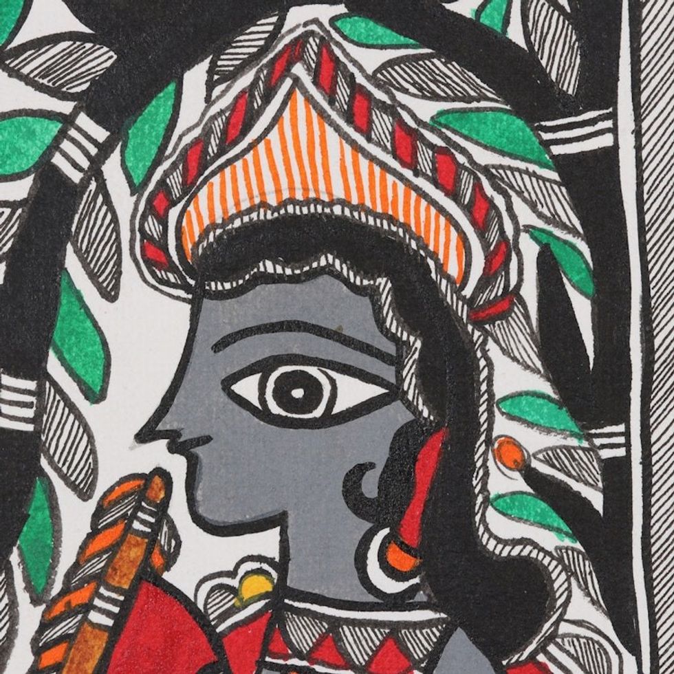 Signed Colorful Madhubani Painting of Krishna 'Majestic Krishna'