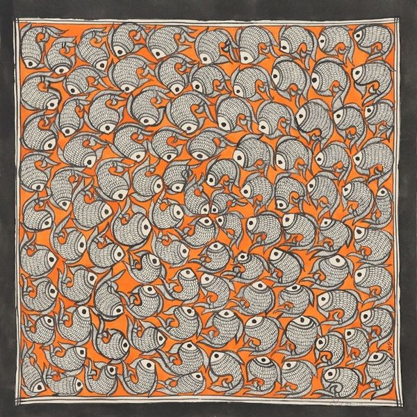 Alternate image for Signed Madhubani Painting of Fish over Orange Background Fish Tale II