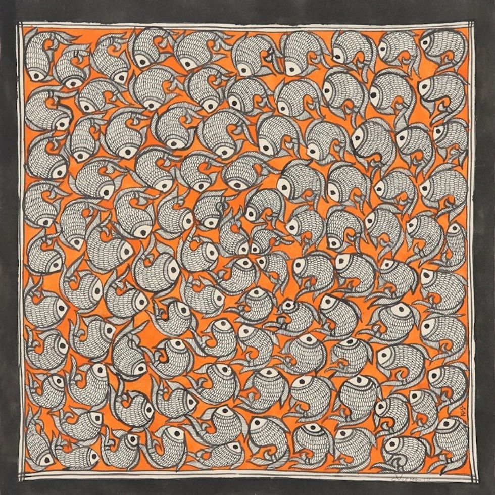 Signed Madhubani Painting of Fish over Orange Background 'Fish Tale II'