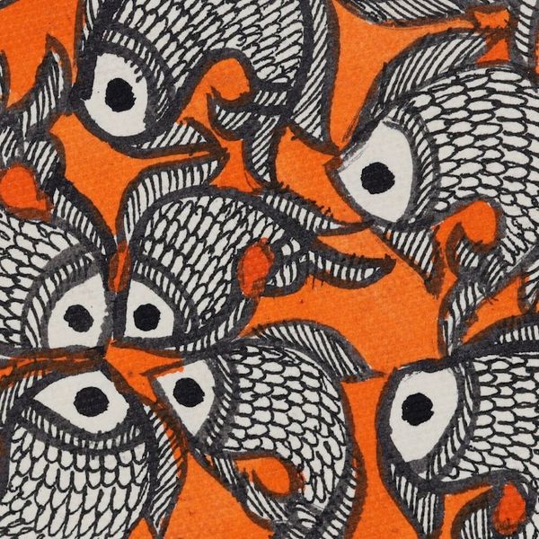 Alternate image for Signed Madhubani Painting of Fish over Orange Background Fish Tale II