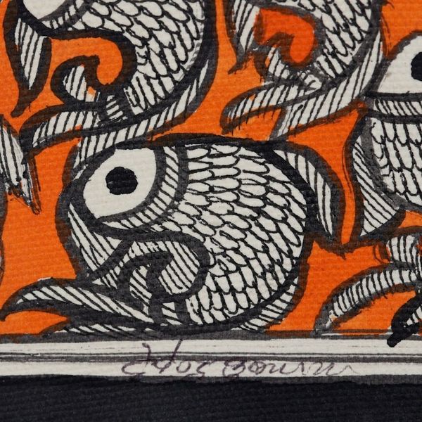 Alternate image for Signed Madhubani Painting of Fish over Orange Background Fish Tale II