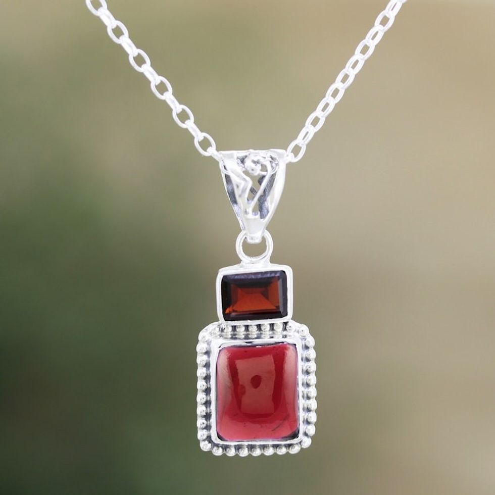 Garnet and Sterling Silver Pendant Necklace from India 'Passionate Lady'