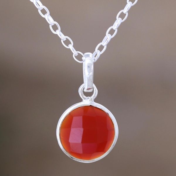 Alternate image for Hand Made Carnelian and Sterling Silver Pendant Necklace Swing Low in Orange