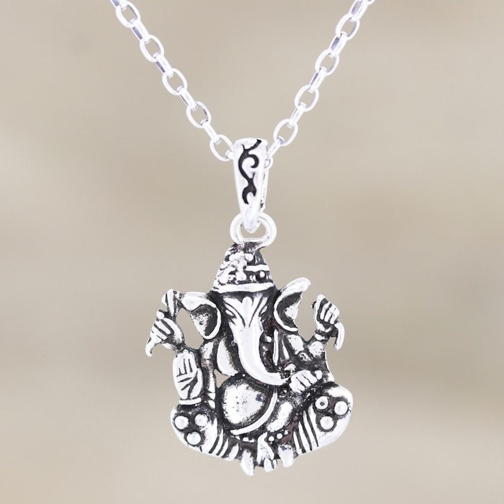 Sterling Silver Ganesha Pendant Necklace 'Sitting Ganesha'