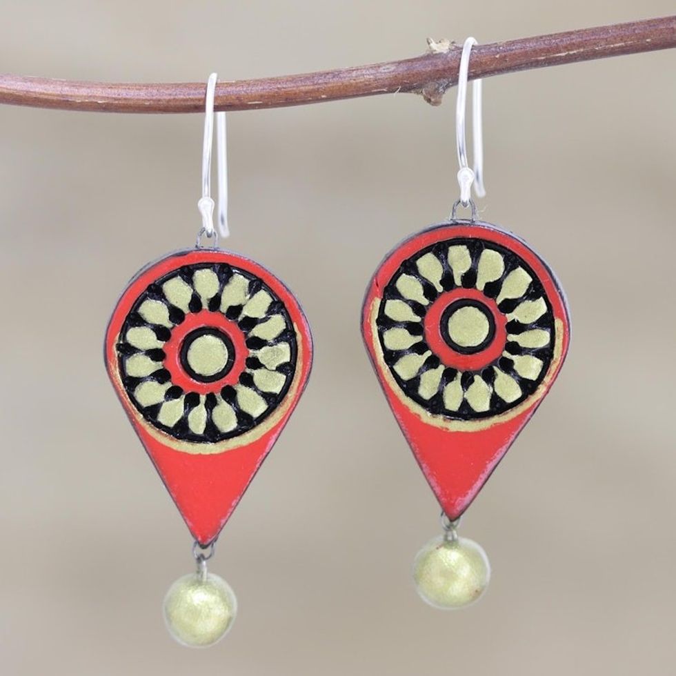 Hand Painted Ceramic Dangle Earrings from India 'Bullseye'