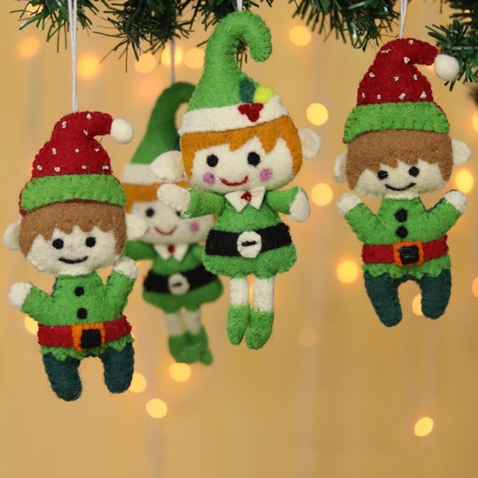 Handmade Wool Felt Elf Ornaments Set of 4 'Elf Greetings'