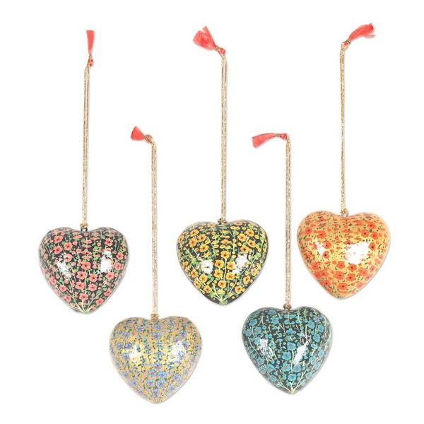 Alternate image for Papier Mache Heart Shaped Floral Ornaments Set of 5 Christmas Garlands