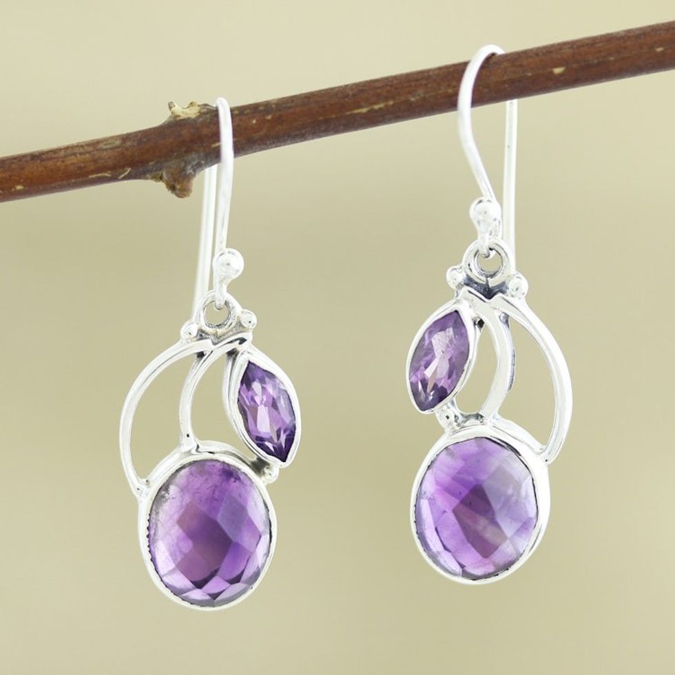 Sterling Silver Purple Amethyst Dangle Earrings India 'Purple Fog'