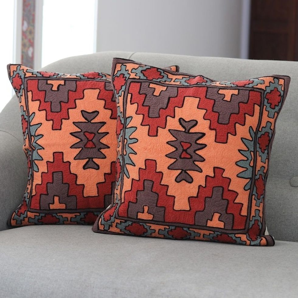 Chain Stitched Cotton Cushion Covers from India Pair 'Desert Wind'