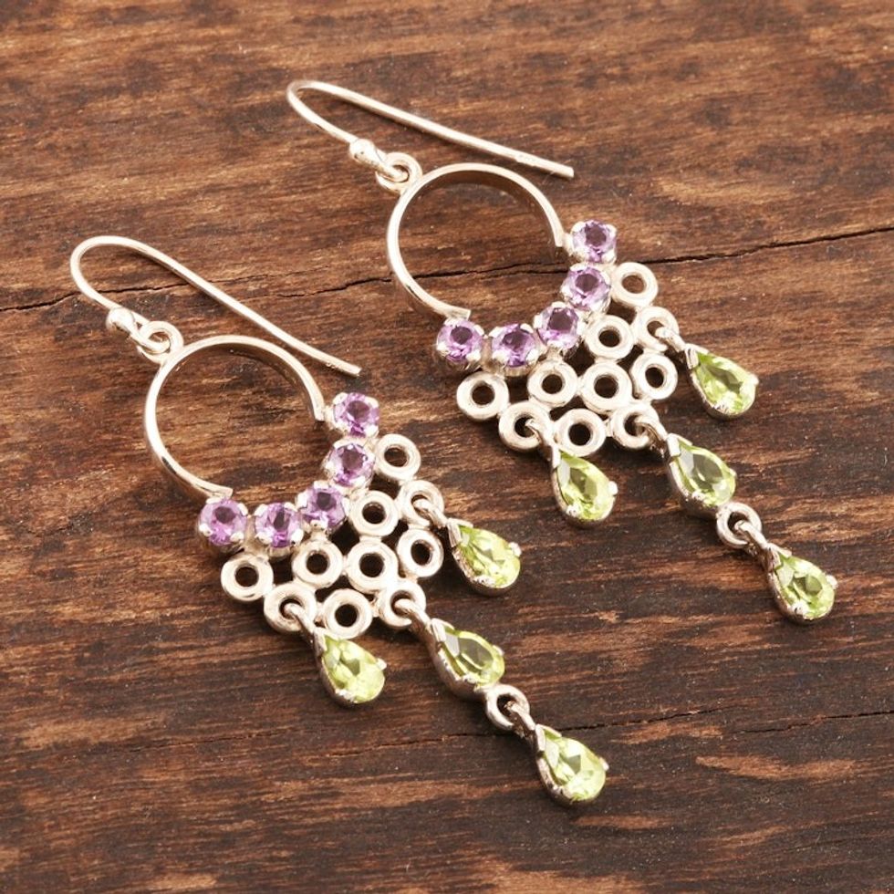 Hand Made Peridot and Amethyst Dangle Earrings 'Spring Haze in Purple'