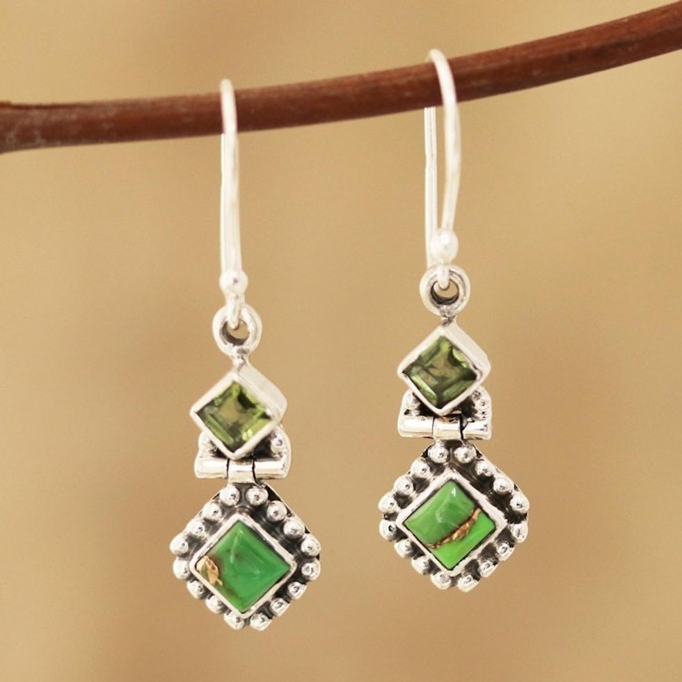 Peridot and Composite Turquoise Dangle Earrings from India 'Beautiful Delight'