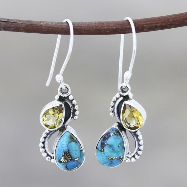 Alternate image for Citrine and Composite Turquoise Teardrop Dangle Earrings Two Teardrops