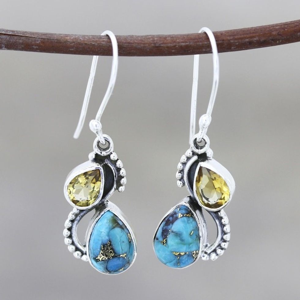Citrine and Composite Turquoise Teardrop Dangle Earrings 'Two Teardrops'