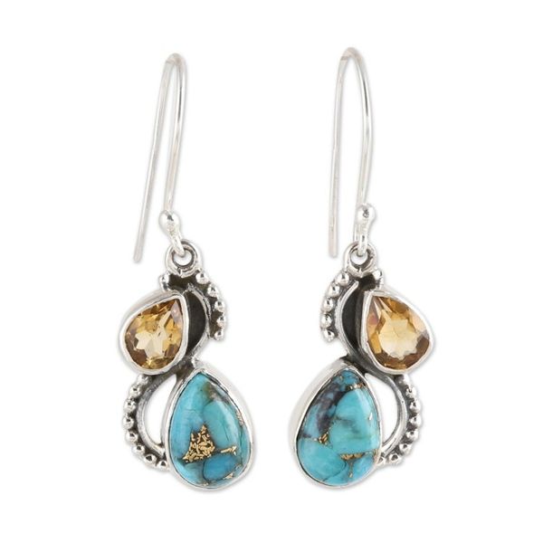 Alternate image for Citrine and Composite Turquoise Teardrop Dangle Earrings Two Teardrops
