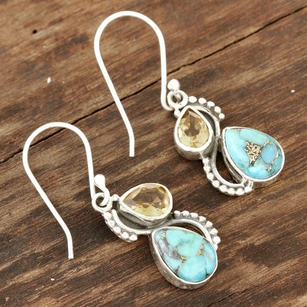 Alternate image for Citrine and Composite Turquoise Teardrop Dangle Earrings Two Teardrops
