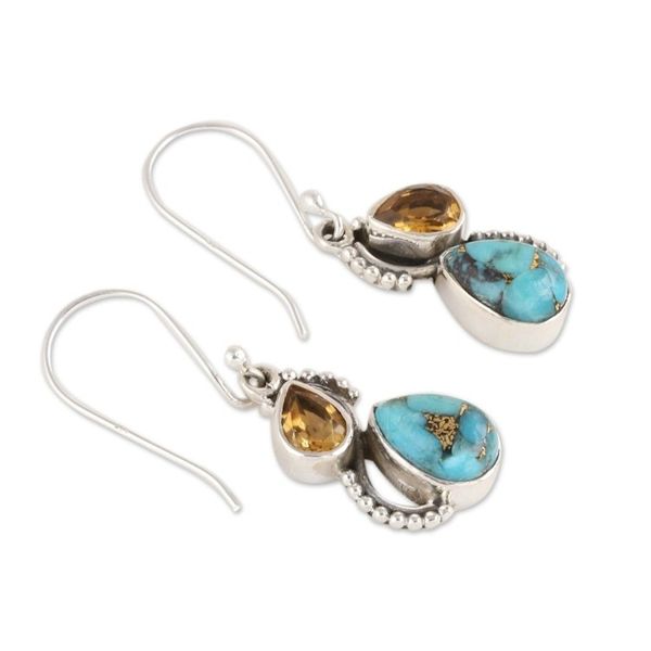 Alternate image for Citrine and Composite Turquoise Teardrop Dangle Earrings Two Teardrops