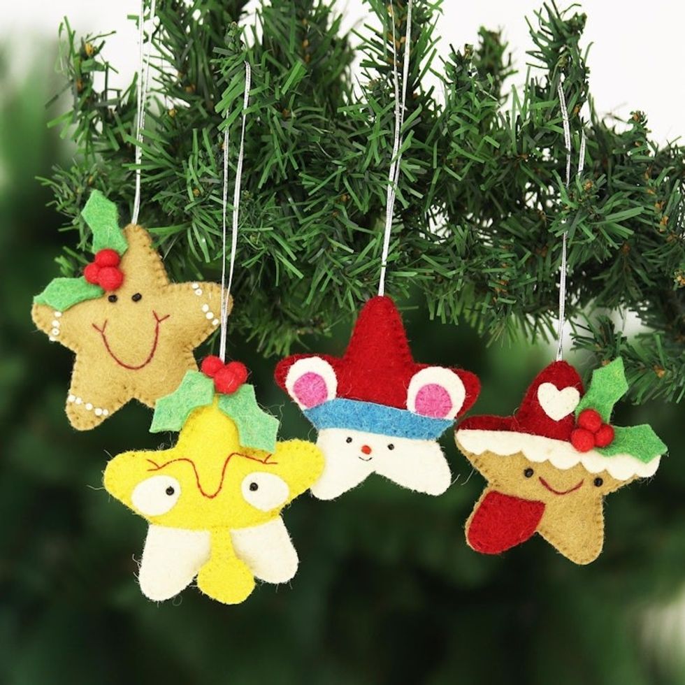 Set of 4 Wool Felt Gingerbread Star Ornaments 'Star Cookies'