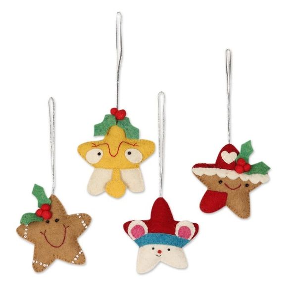 Alternate image for Set of 4 Wool Felt Gingerbread Star Ornaments Star Cookies
