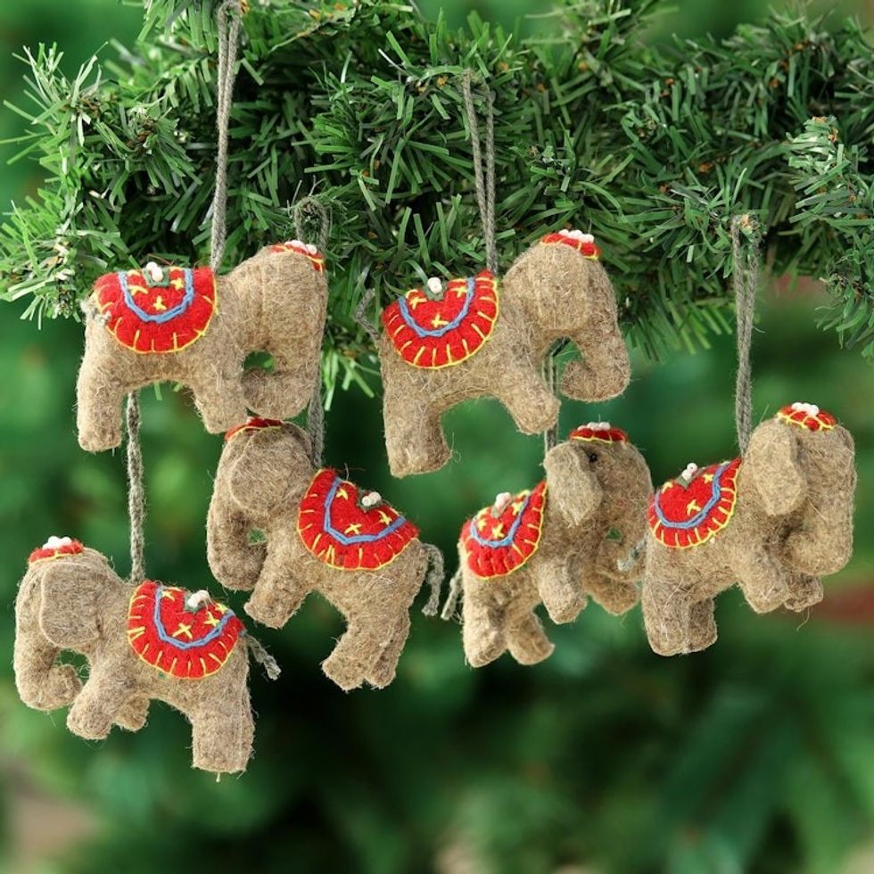 Wool Felt Elephant Ornaments from India Set of 6 'Cute Elephants'