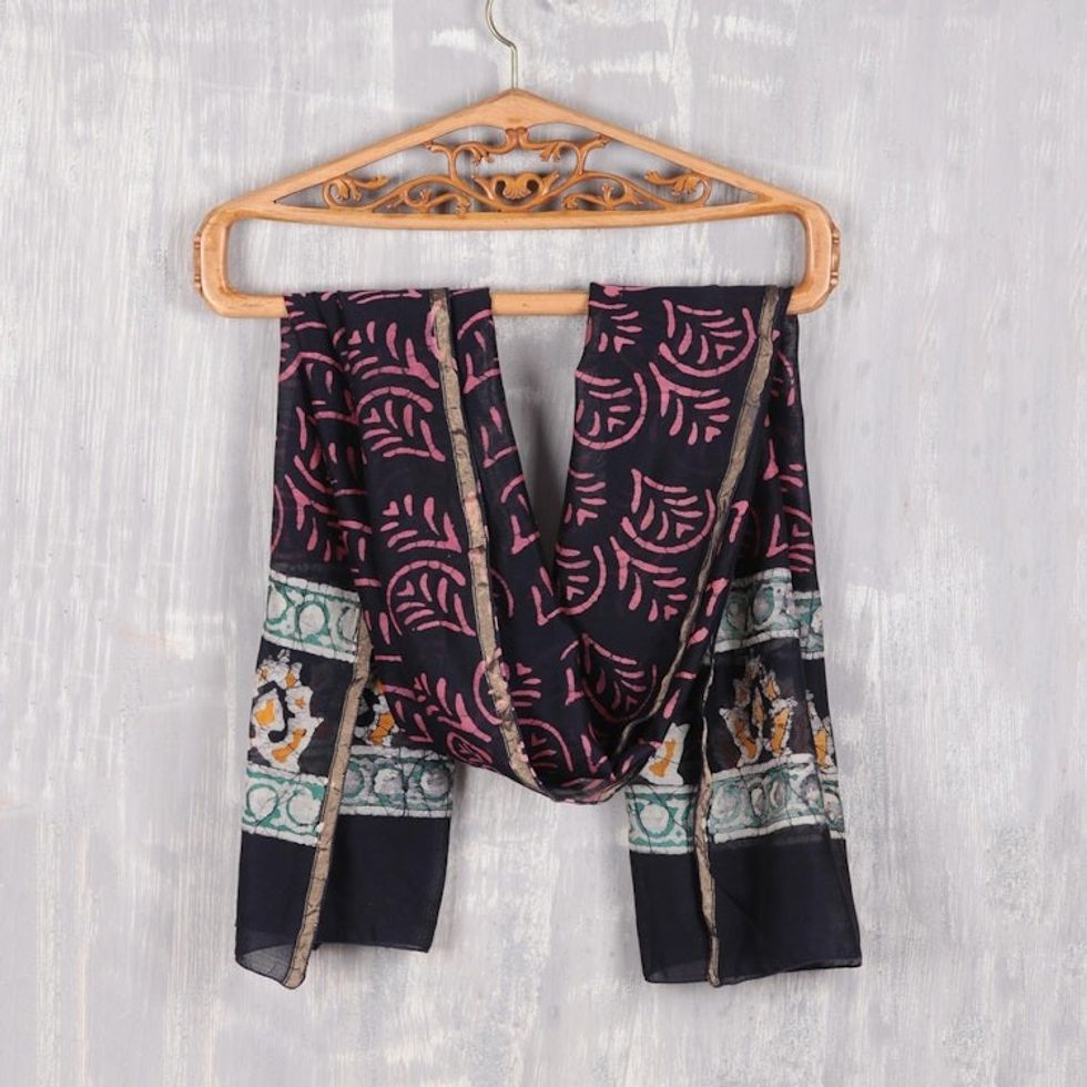 Hand Stamped Batik Shawl in NavyMulticolor 'Avanti Legacy'