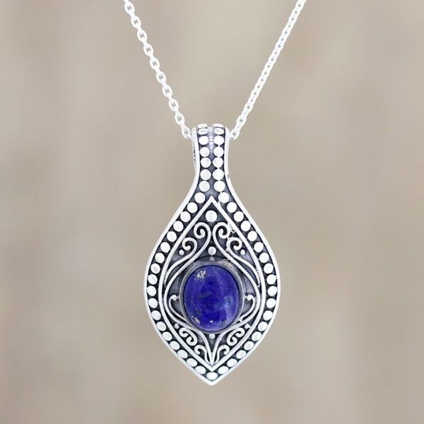 Alternate image for Patterned Lapis Lazuli Pendant Necklace from India Mughal Blue