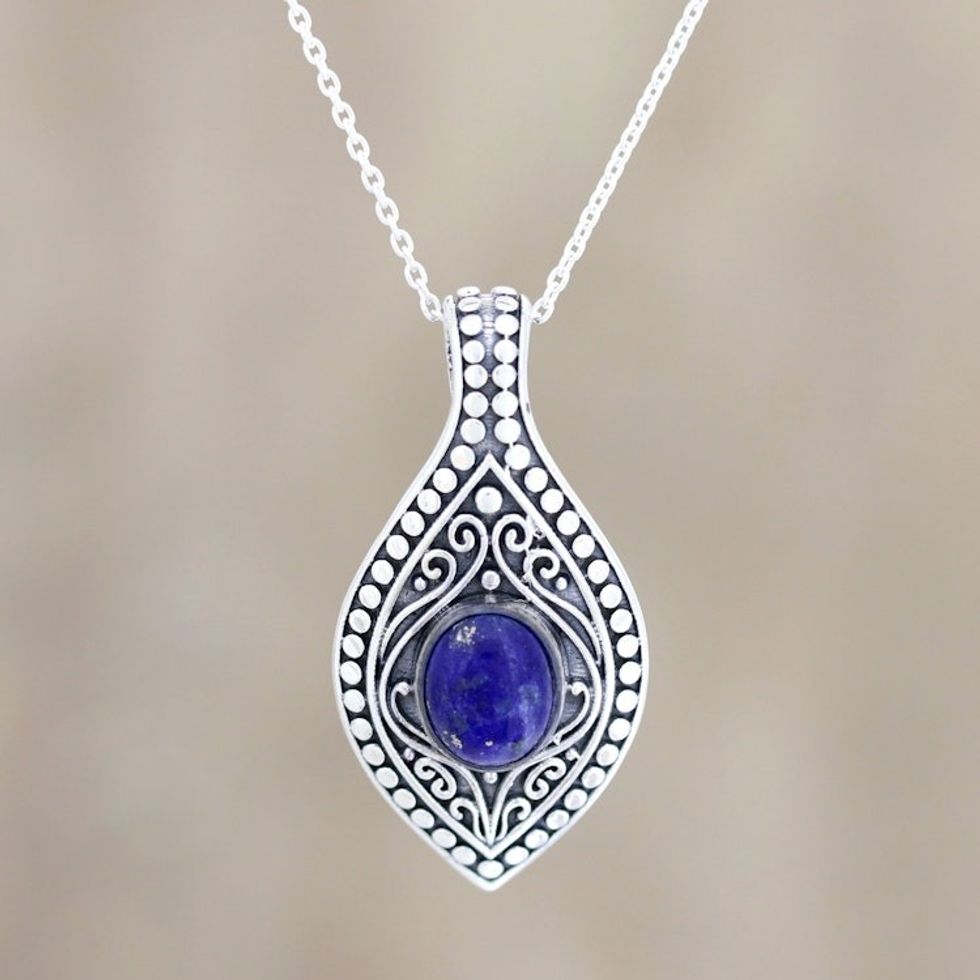Patterned Lapis Lazuli Pendant Necklace from India 'Mughal Blue'