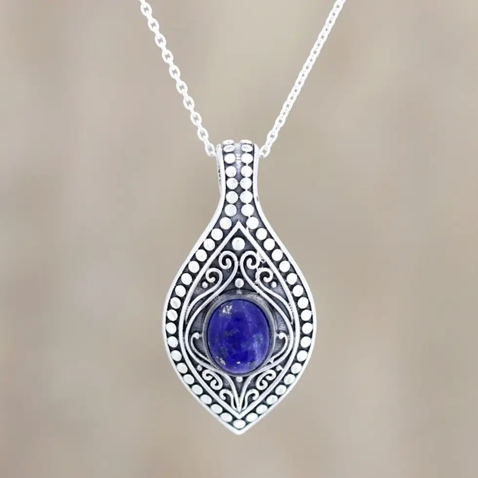 Patterned Lapis Lazuli Pendant Necklace from India 'Mughal Blue'